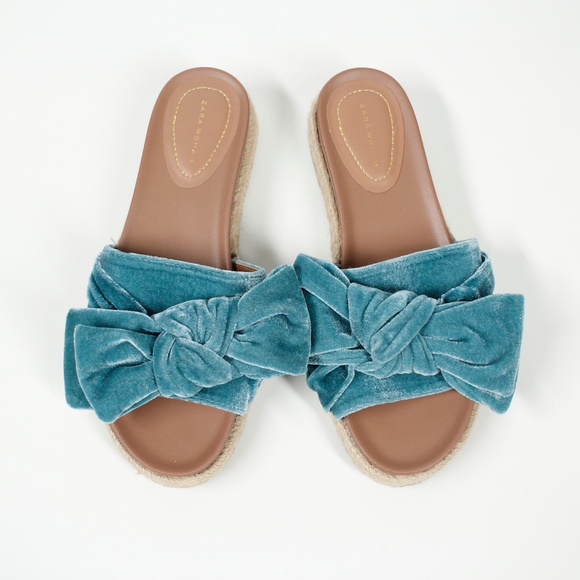 Zara Velvet Bow Sandals Slides Teal Size 7